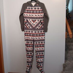 Cozy Women's Hooded Footed Pajama Onesie - Gray, White And Red,  Reindeer Print